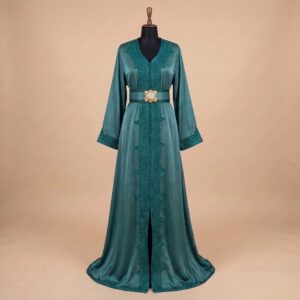 Emerald Green Moroccan Caftan – Elegant Handcrafted Embroidered Kaftan with Belt