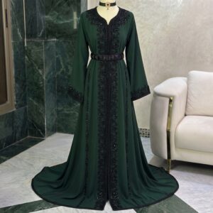 Emerald Green Moroccan Caftan with Elegant Black Embroidery & Belt
