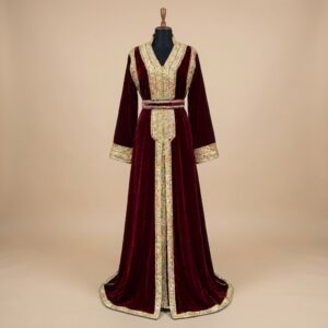 Burgundy Velvet Moroccan Takchita – Luxury Two-Piece Velvet Kaftan with Gold Embroidery