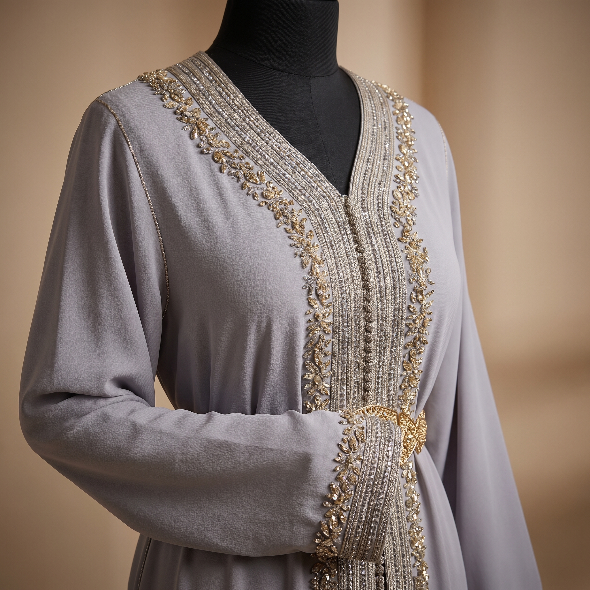 Two-Piece Silver Gray Moroccan Caftan with Crystal Embellishments - Image 5
