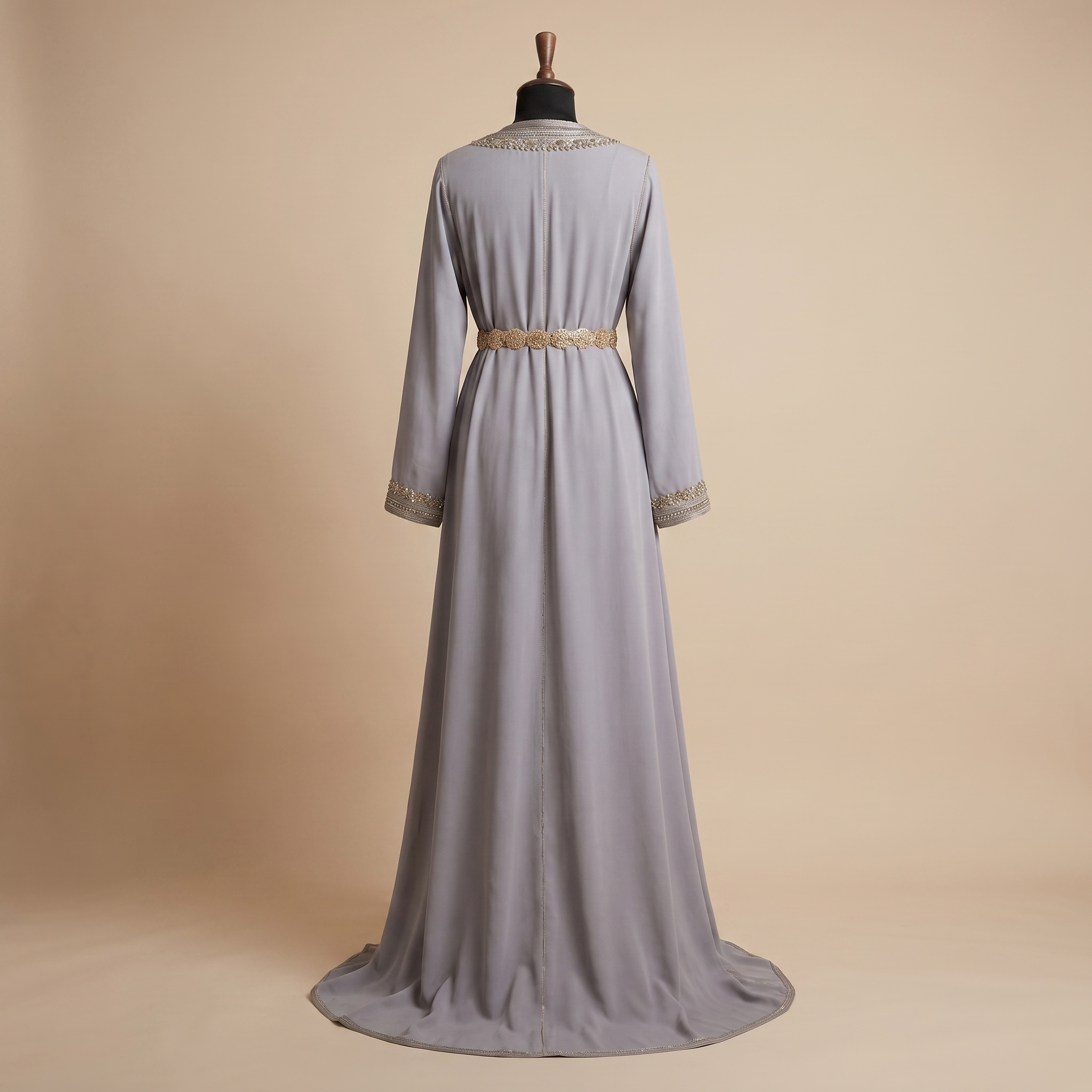 Two-Piece Silver Gray Moroccan Caftan with Crystal Embellishments - Image 4