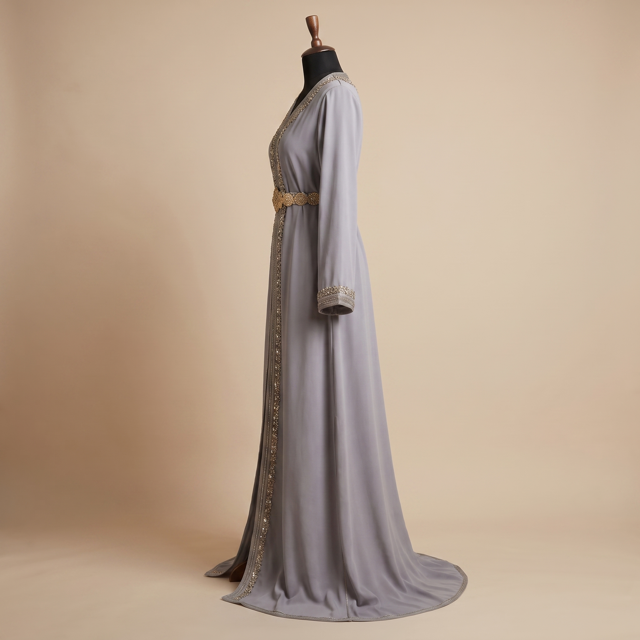 Two-Piece Silver Gray Moroccan Caftan with Crystal Embellishments - Image 3