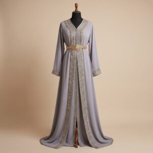 Two-Piece Silver Gray Moroccan Caftan with Crystal Embellishments