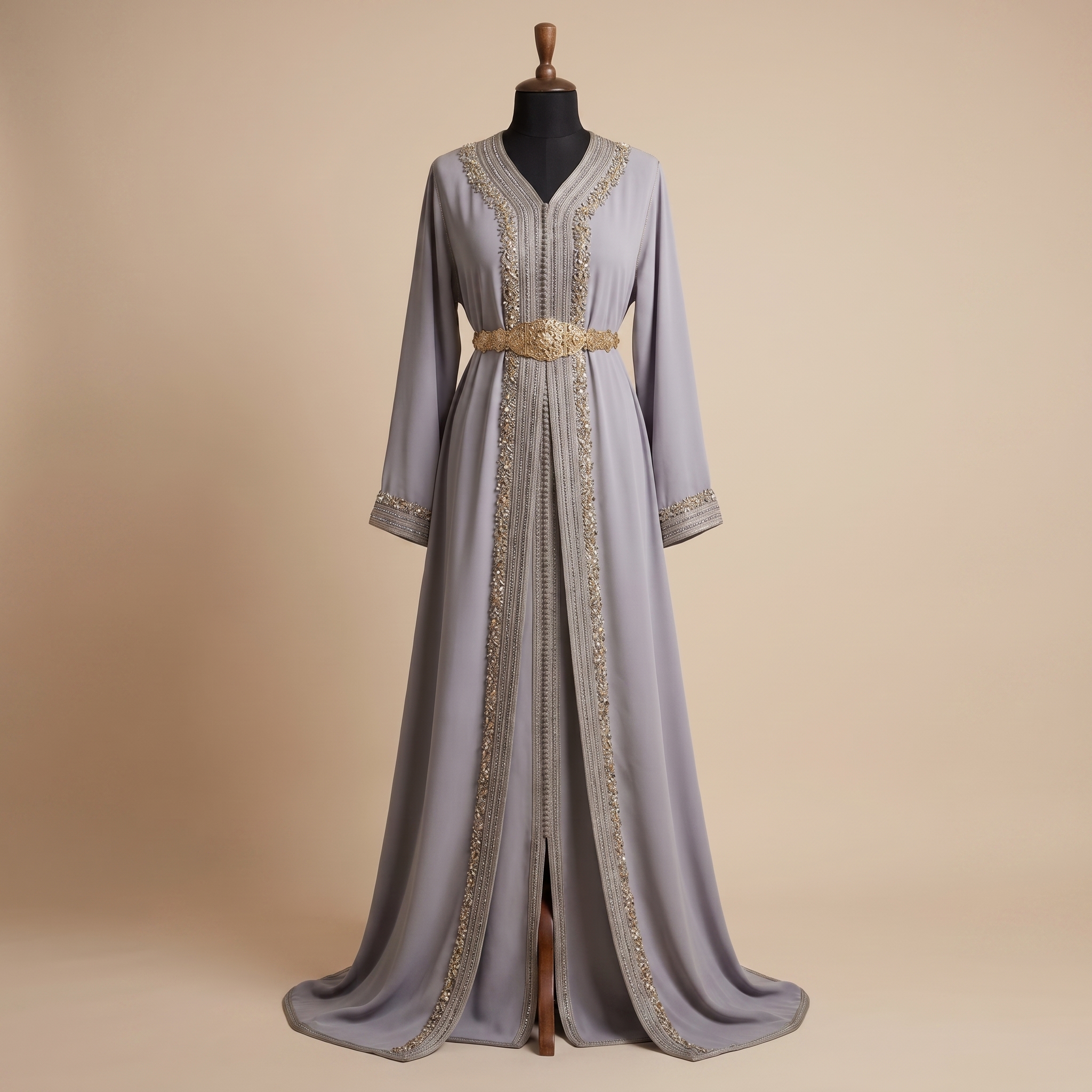 Two-Piece Silver Gray Moroccan Caftan with Crystal Embellishments