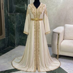 Luxury Ivory Moroccan Caftan with Golden Embroidery