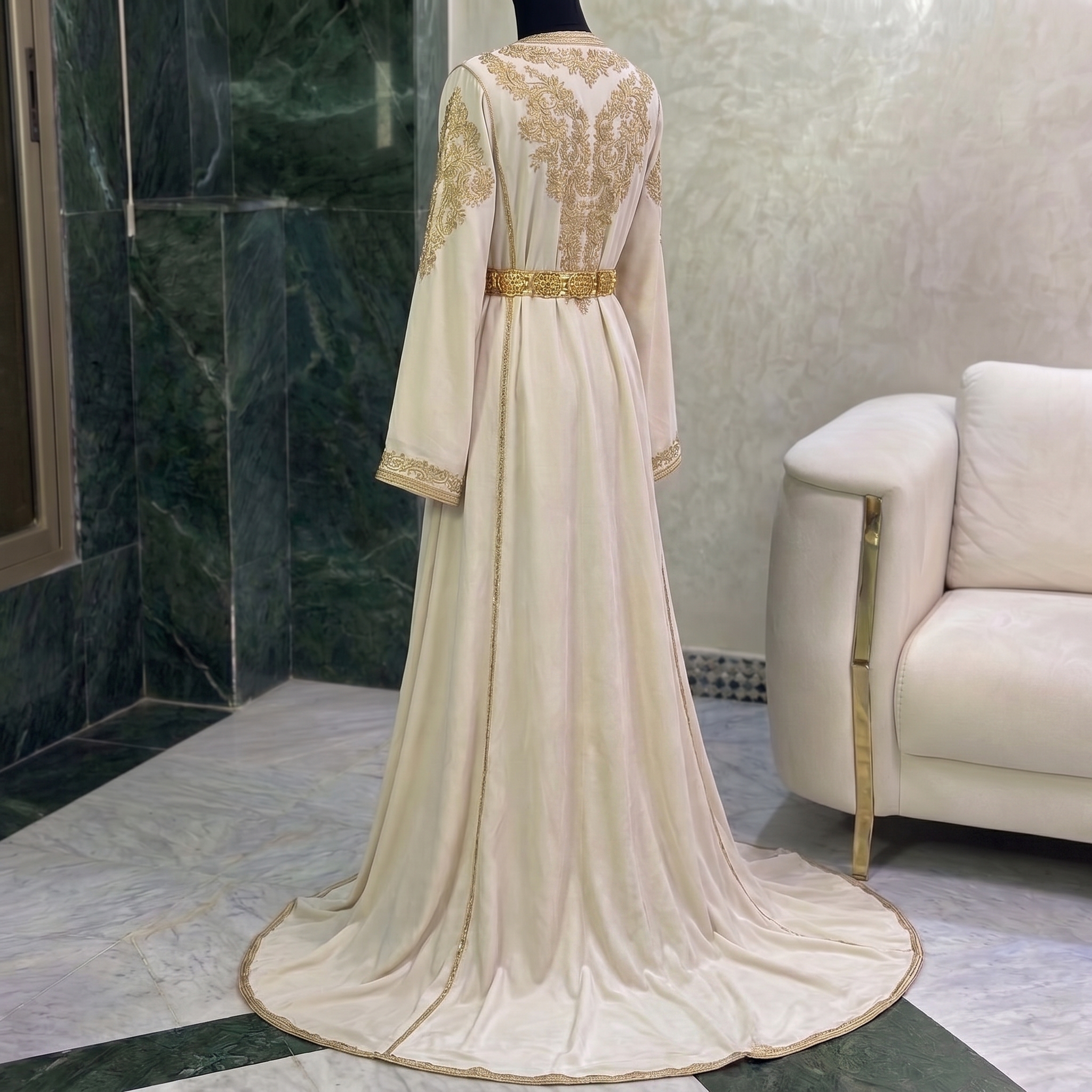 Luxury Ivory Moroccan Caftan with Golden Embroidery - Image 3