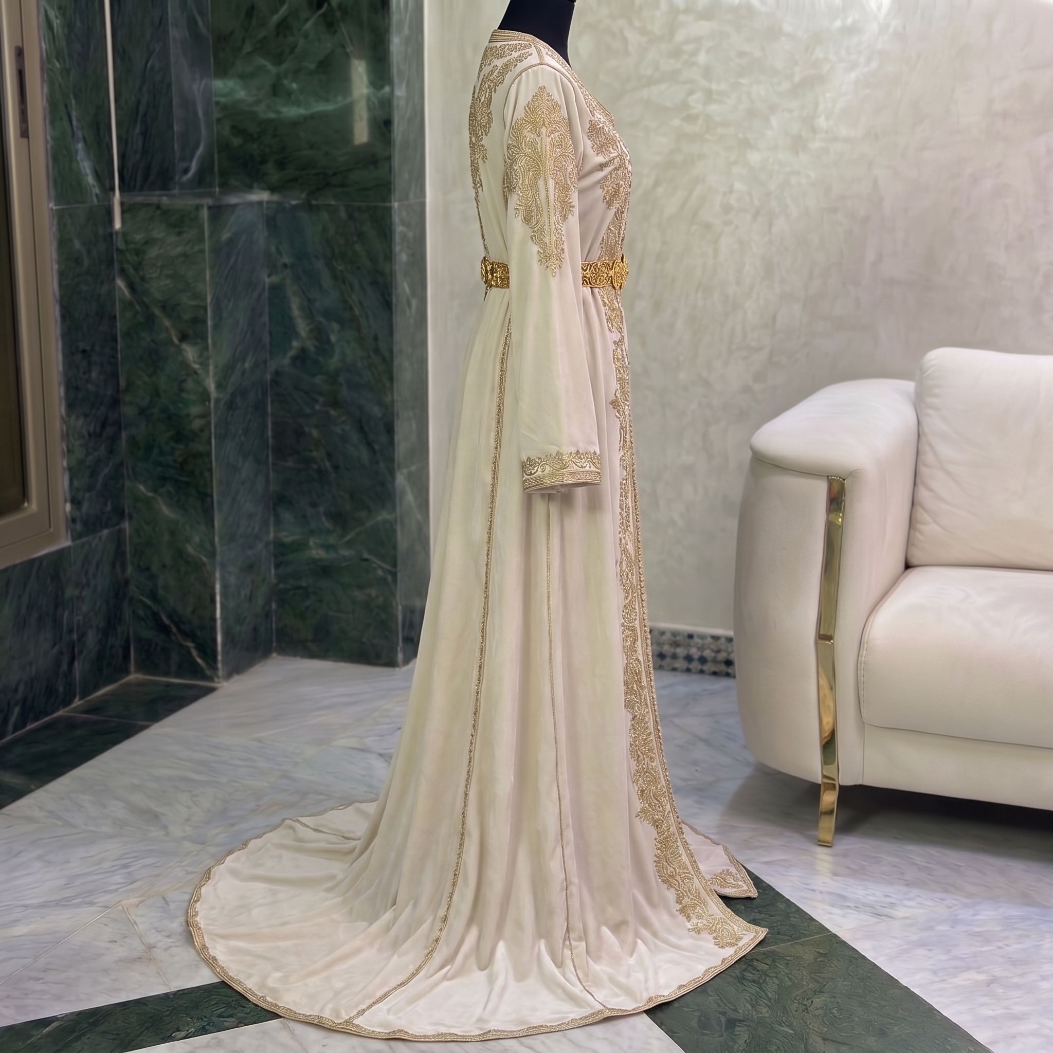 Luxury Ivory Moroccan Caftan with Golden Embroidery - Image 2