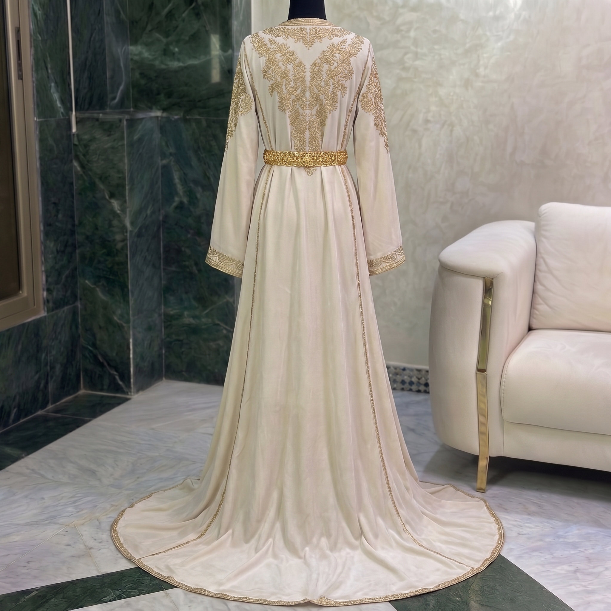Luxury Ivory Moroccan Caftan with Golden Embroidery - Image 4