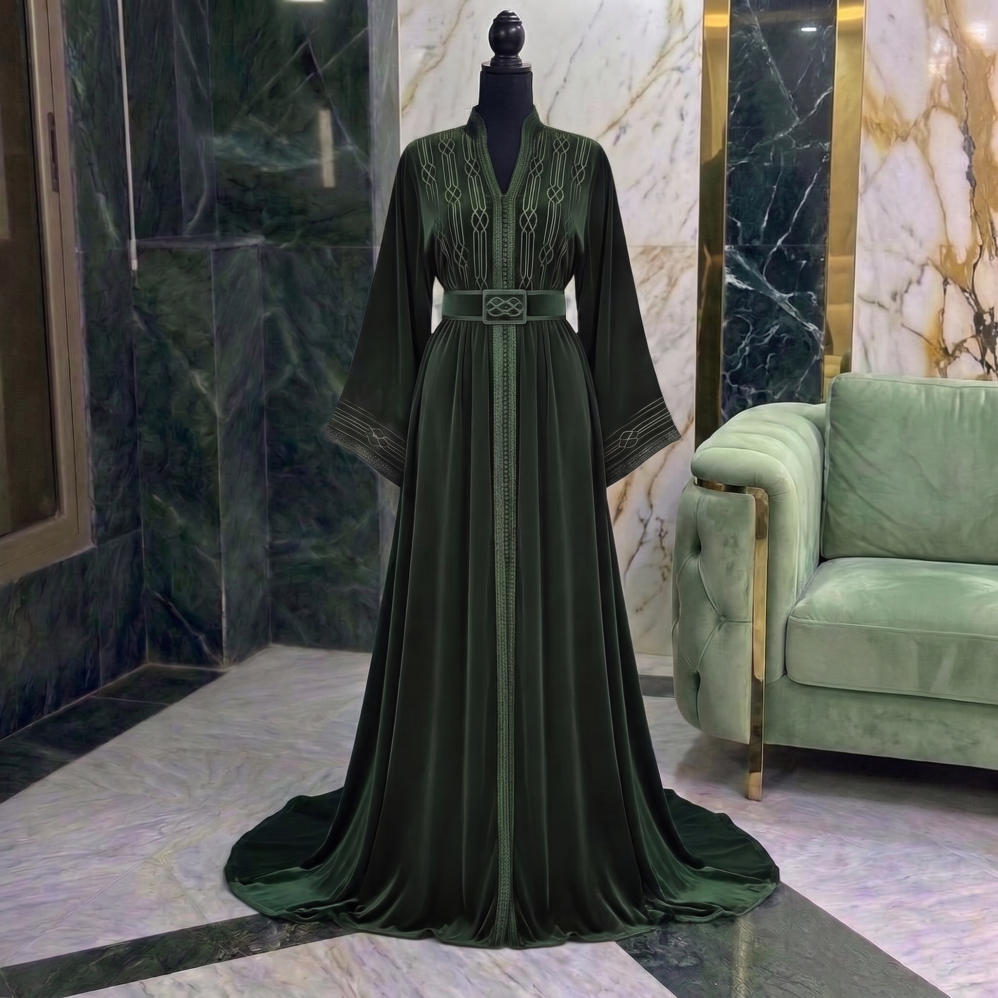 Dark Green Moroccan Caftan with Minimalist Embroidery