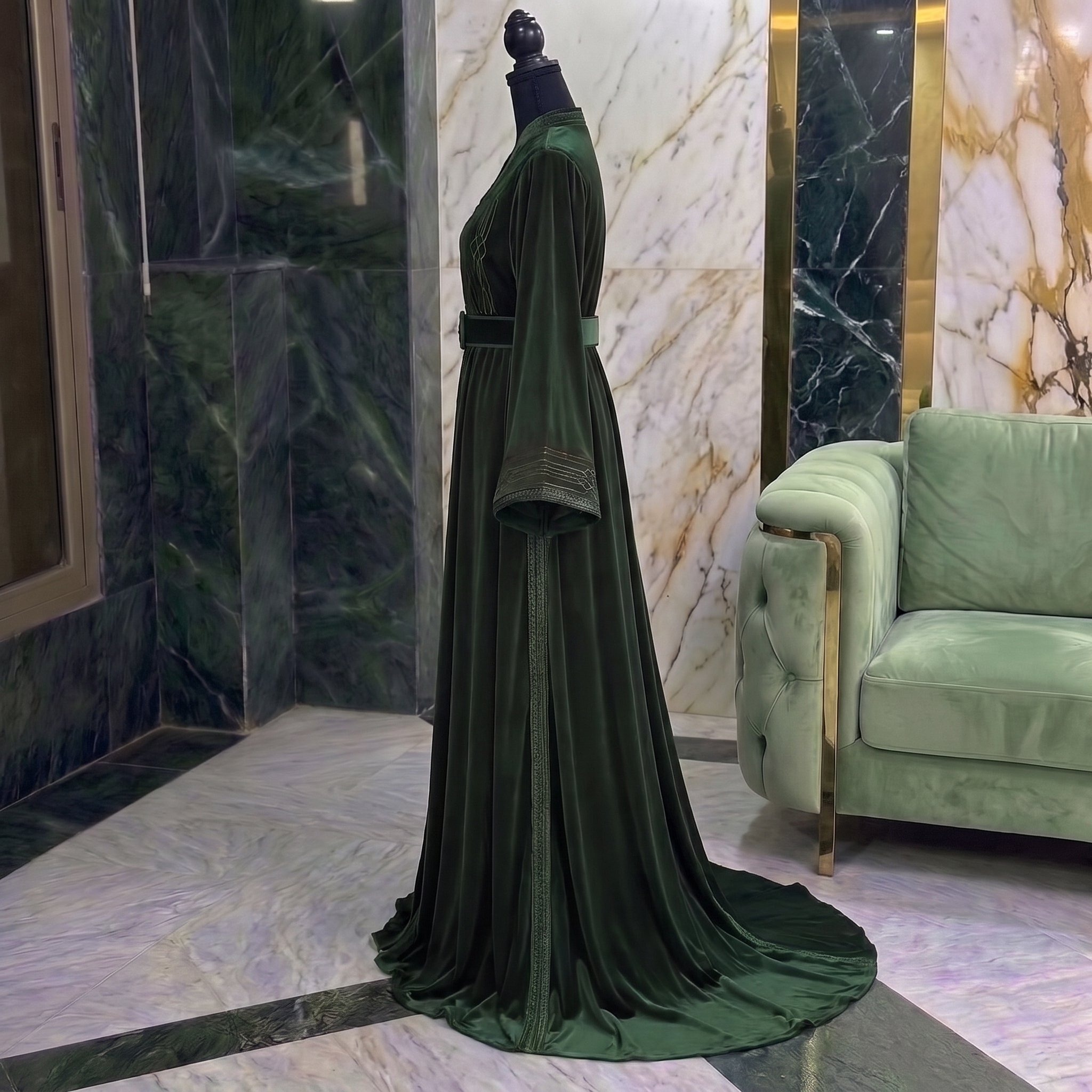Dark Green Moroccan Caftan with Minimalist Embroidery - Image 2