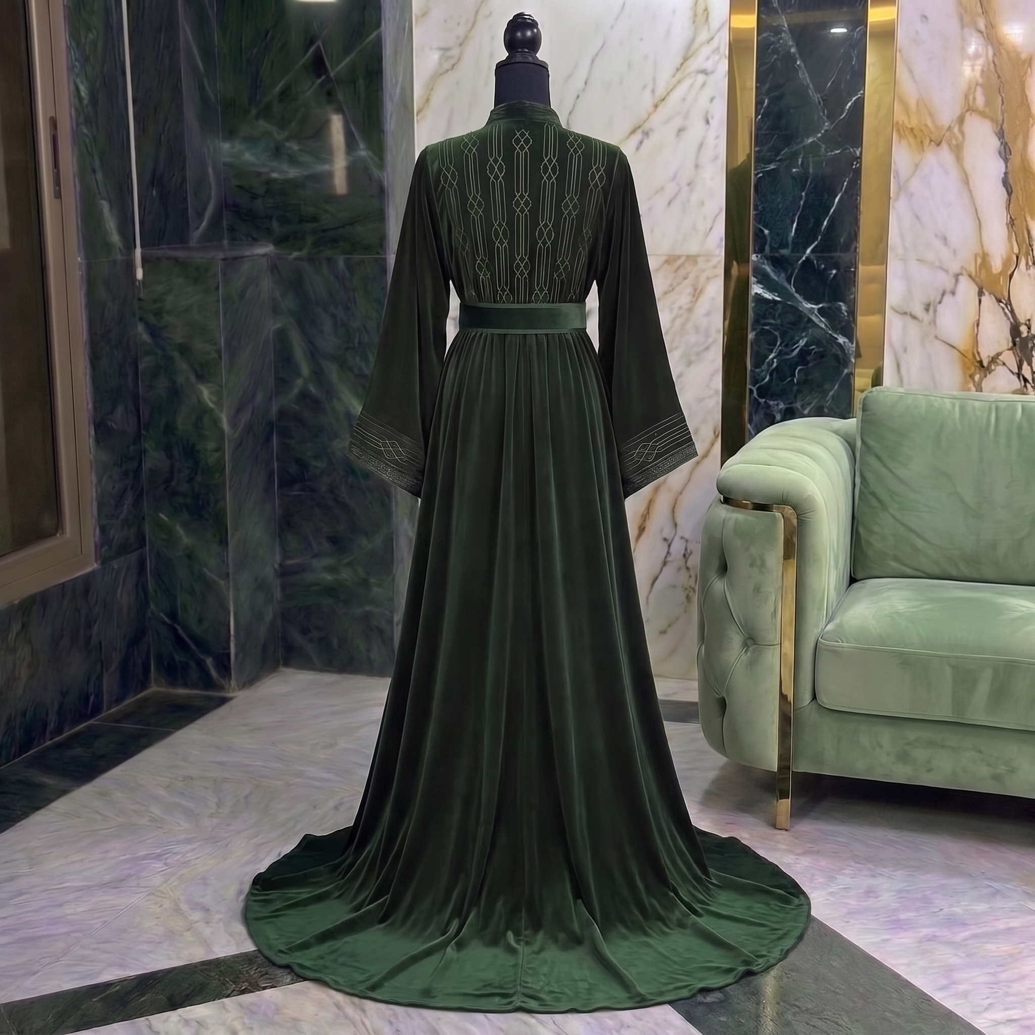 Dark Green Moroccan Caftan with Minimalist Embroidery - Image 3
