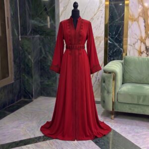 Ruby Red Moroccan Caftan with Elegant Embroidery