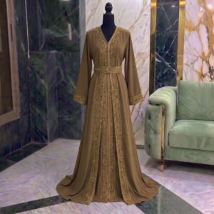 Two-Piece Taupe Moroccan Caftan with Tone-on-Tone Embroidery