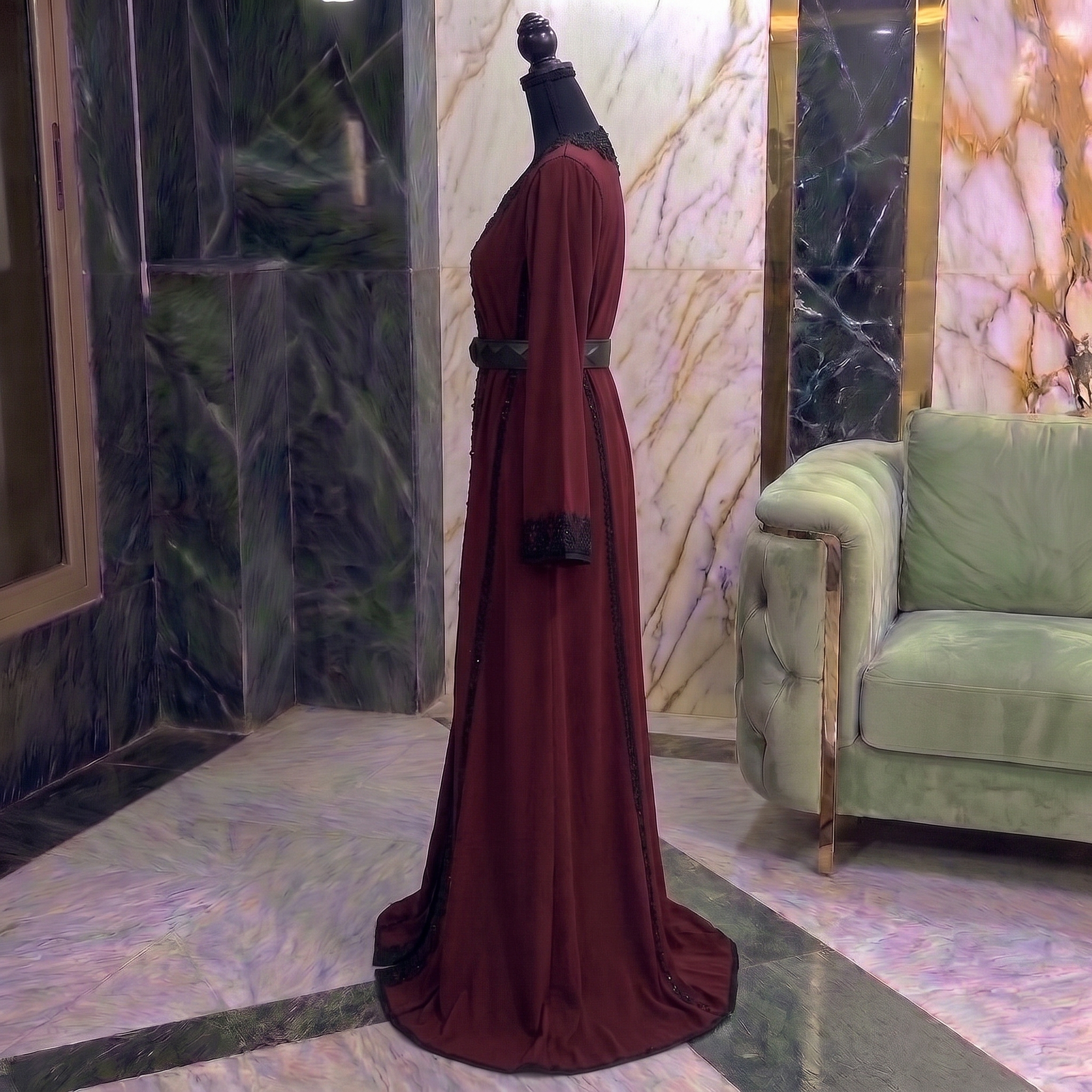 Burgundy Moroccan Caftan with Black Embroidery - Image 2