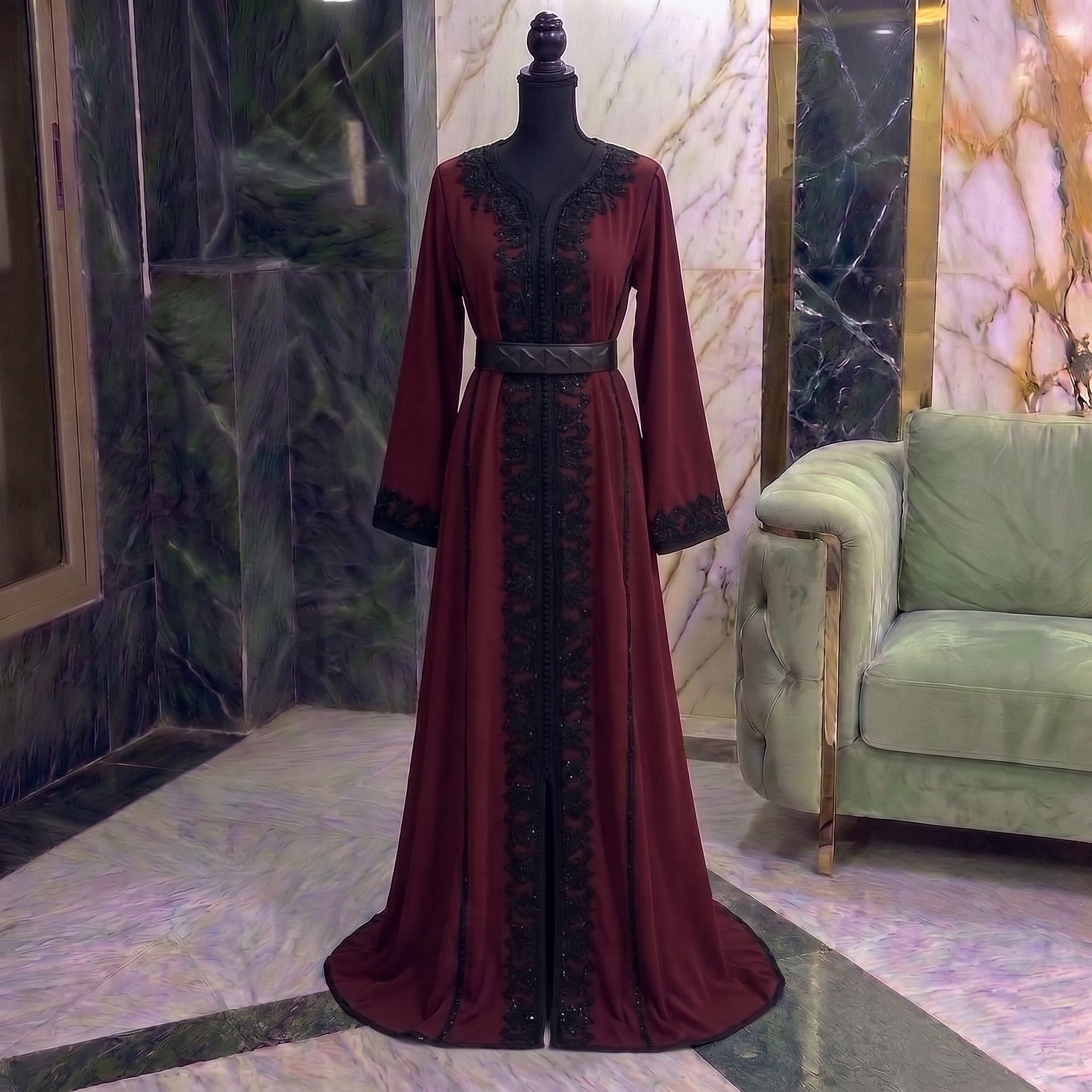Burgundy Moroccan Caftan with Black Embroidery