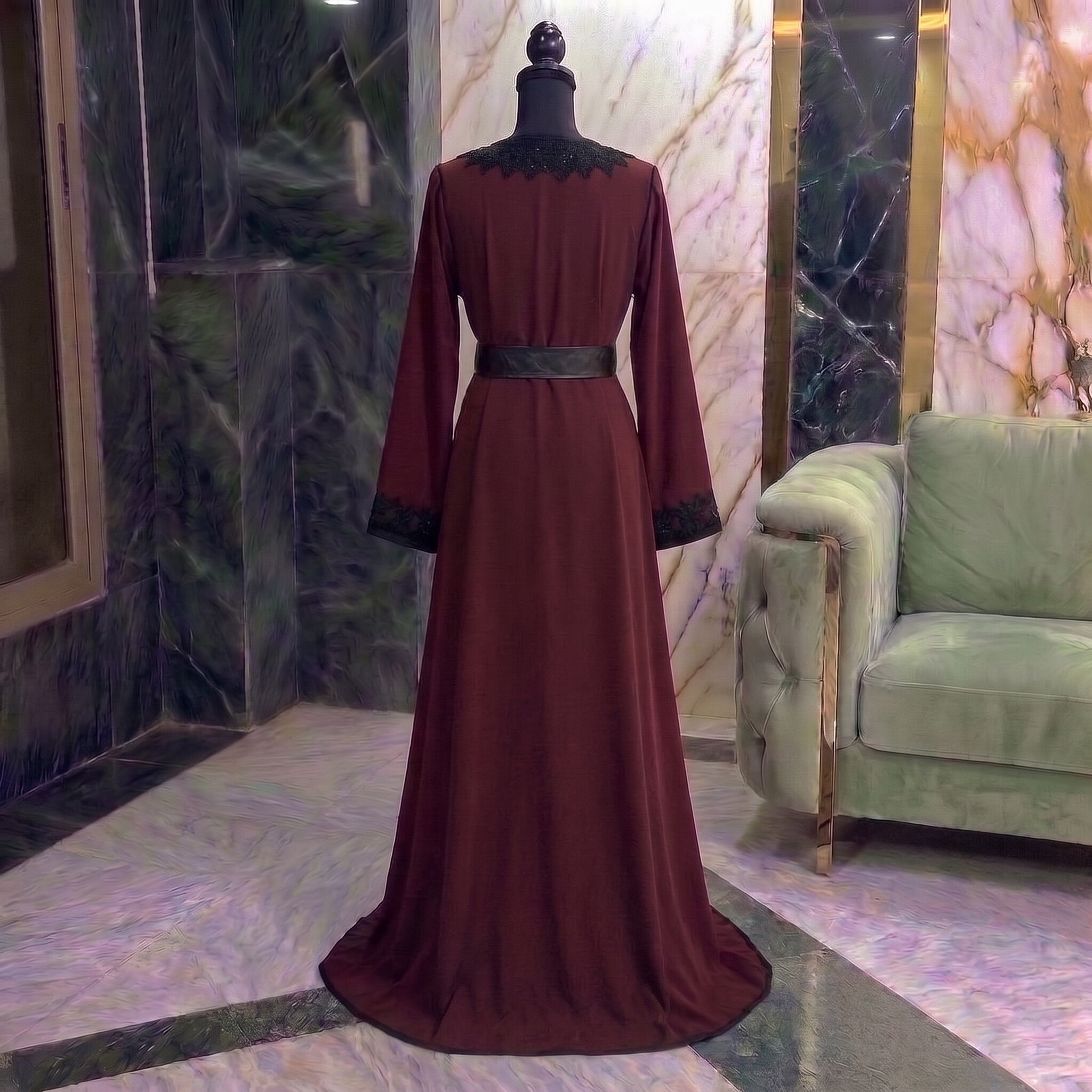 Burgundy Moroccan Caftan with Black Embroidery - Image 3